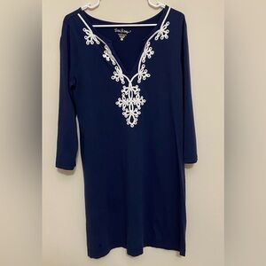 Lilly Pulitzer Navy Pima Cotton Tunic Dress w/ White Embroidery – Size L